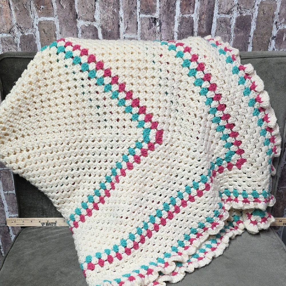 Handmade Grandma Crochet Blanket Cream, Pink Blue Cottage